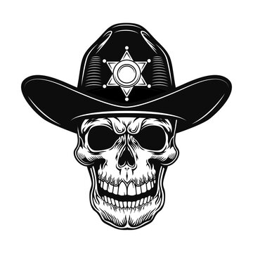 Skull of sheriff vector illustration. Head of police officer in hat with star. Authority concept for law and western topics or tattoo template