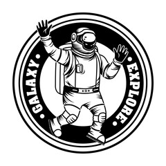 Vintage spaceman exploring galaxy vector illustration. Monochrome astronaut in spacesuit and helmet. Science and space exploration concept can be used for retro template, banner or poster
