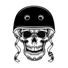 Skull of biker vector illustration. Head of character in helmet for riding motorcycle. Lifestyle concept for racing or bikers club badge, tattoo template