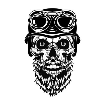 Monochrome bearded skull of hipster vector illustration. Retro dead head in helmet with glasses. Tattoo design and motorcyclist community concept can be used for retro template, banner or poster