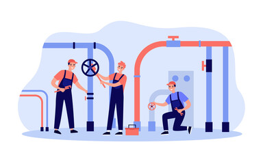 Happy plumbers fixing leakage in boiler room isolated flat vector illustration. Cartoon handymen repairing pipes with tool. Repair service and maintenance concept