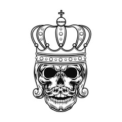 Skull of monarch vector illustration. Head of king or tsar with beard, royal hairdo and crown. Authority concept for monarchy topics or tattoo template