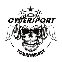 Monochrome badge with gamer skull vector illustration. Retro dead head headphones. Videogame and cybersport tournament concept can be used for retro template, banner or poster
