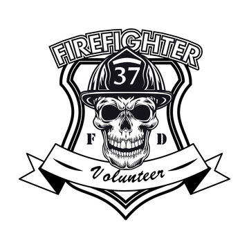 Firefighter volunteer badge with skull vector illustration. Head of character in helmet with number and text sample. Rescue concept for firefighting or fire department patch template
