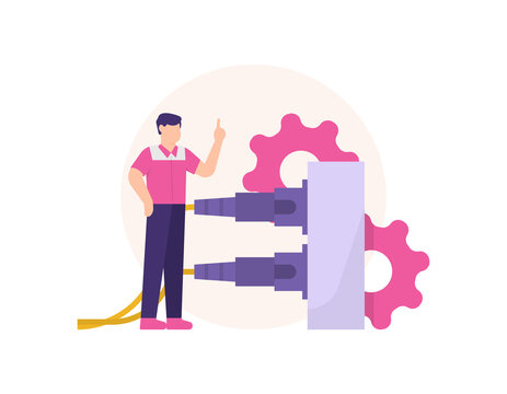 the concept of a fiber optic technician, IT and communications staff. Illustration of male employee standing and connecting fiber cable to the panel. maintenance and repair of machines. flat style