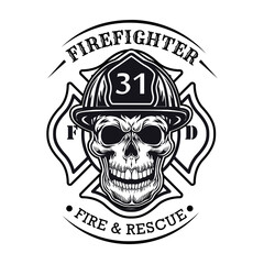 Fototapeta premium Firefighter badge with skull vector illustration. Head of character in helmet with heraldry and text sample. Rescue concept for firefighting or fire department patch template