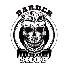 Barber shop vector illustration. Skull with stylish beard and haircut, comb, circular stamp with text. Hairstyle concept for barbershop or salon label template