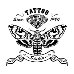 Retro tattoo with moth vector illustration. Vintage butterfly and diamond sketch. Tattoo design, art and style concept can be used for retro template, banner or poster