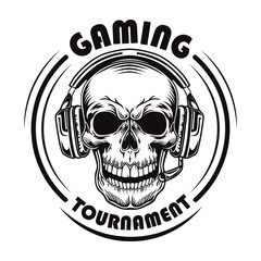 Black and white skull in headphones vector illustration. Vintage dead head of professional gamer. Videogame and gaming tournament concept can be used for retro template, banner or poster