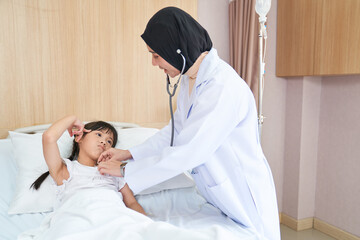 Patient girl headache and doctor check healthcare in hospital