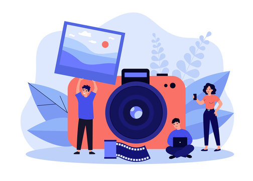 Tiny people taking photo flat vector illustration. Cartoon guy holding full picture. Big camera on background. Artistic occupation and photography courses concept
