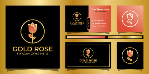 elegant golden rose with line art style logo, feminine beauty decorative design with business card