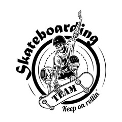 Skateboarding team symbol vector illustration. Skeleton in helmet on skateboard in jump and text. Extreme sport concept for community emblems or team badges templates