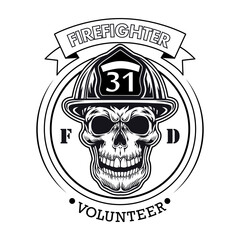 Firefighter volunteer emblem with skull vector illustration. Head of character in helmet with number and text sample. Rescue concept for firefighting or fire department patch template