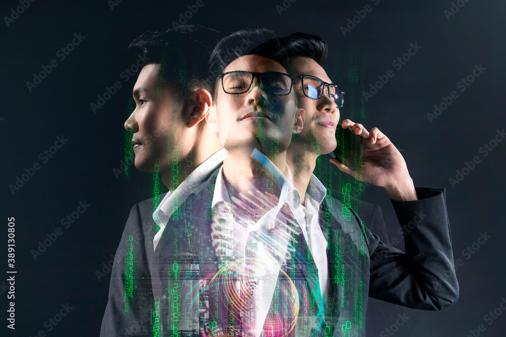 Poster smart asian business man using mobile phone with financial investment digital technology, futuristic