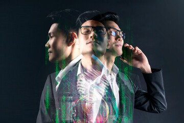 smart Asian business man using mobile phone with financial investment digital technology, futuristic artificial intelligence tech and finance graph symbol effect.