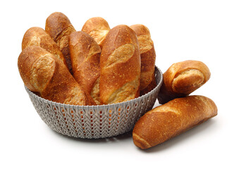 crusty mini baguettes on a white background