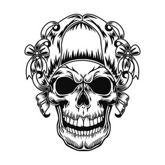 Fototapeta premium Skull of lady vector illustration. Head female character with retro hairstyle with ribbons and bows. Scary character concept for retro fashion or horror topics, club emblems, tattoo templates template