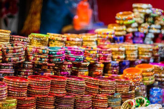 Rows of Bangles being kept in a store