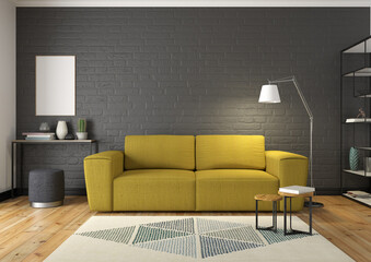 Yellow sofa in a black interior. 3d render