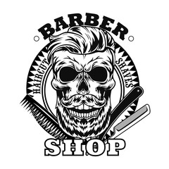 Barber tools and bearded skull vector illustration. Shaving razor and comb, circular stamp with text sample. Hairstyle concept for barbershop or haircut salon label template
