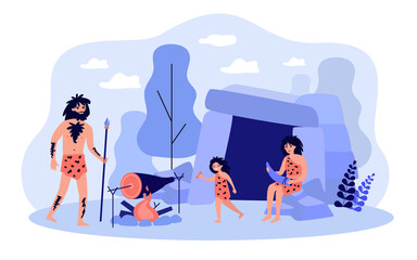 Happy ancient family preparing food flat vector illustration. Cartoon prehistoric cavemen making tools and keeping fire burning. Stone age and history concept