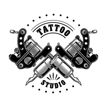 Vintage tattoo studio badge vector illustration. Monochrome crossed equipment for professionals. Tattoo design and style concept can be used for retro template, banner or poster
