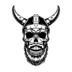 Nordic knight skull in horned helmet vector illustration. Monochrome head of Scandinavian warrior, Viking with beard. War or battle concept for tattoo or role play emblem templates