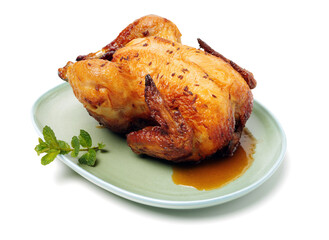 Whole roasted chicken against white background