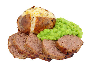 Baked beef and pork meatloaf with a jacket potato and mushy peas meal isolated on a white background