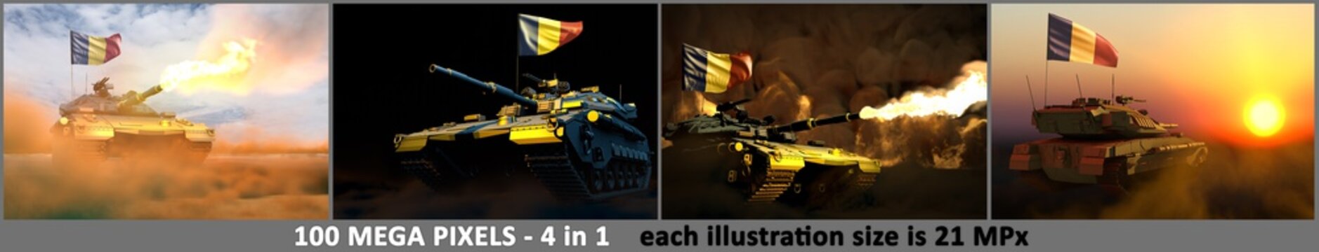 Romania army concept - 4 highly detailed pictures of tank with not real design with Romania flag and free place for your text, military 3D Illustration