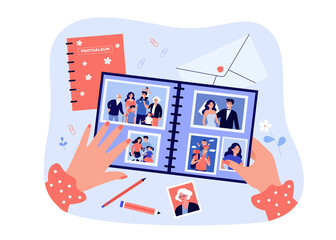 Female photographer hands holding family photo album flat vector illustration. Cartoon characters on retro photography. Happy memory and lifestyle concept - obrazy, fototapety, plakaty