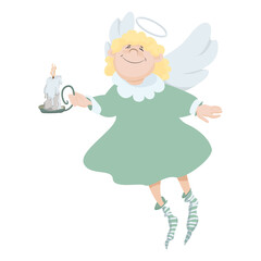 Cute little flying angel with candle in hand vector illustration