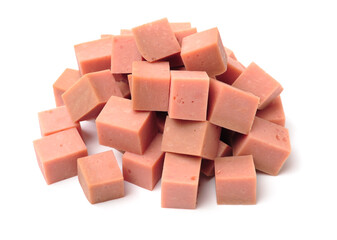 Pile of shredded pizza ham isolated  on white background