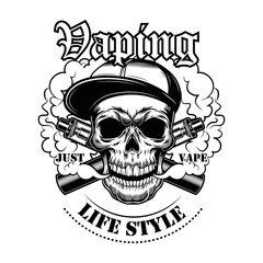 Vaping skull in gangsta cap vector illustration. Stylish character in hat with electronic cigarettes and vapor, lifestyle text. Retail concept for vape bar or store label, poster or emblem template