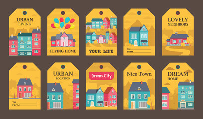 Colorful tags design for urban lifestyle ads vector illustration. Stickers with town elements, houses and text. Buildings and architecture concept. Template for promotion, advertising label or badge