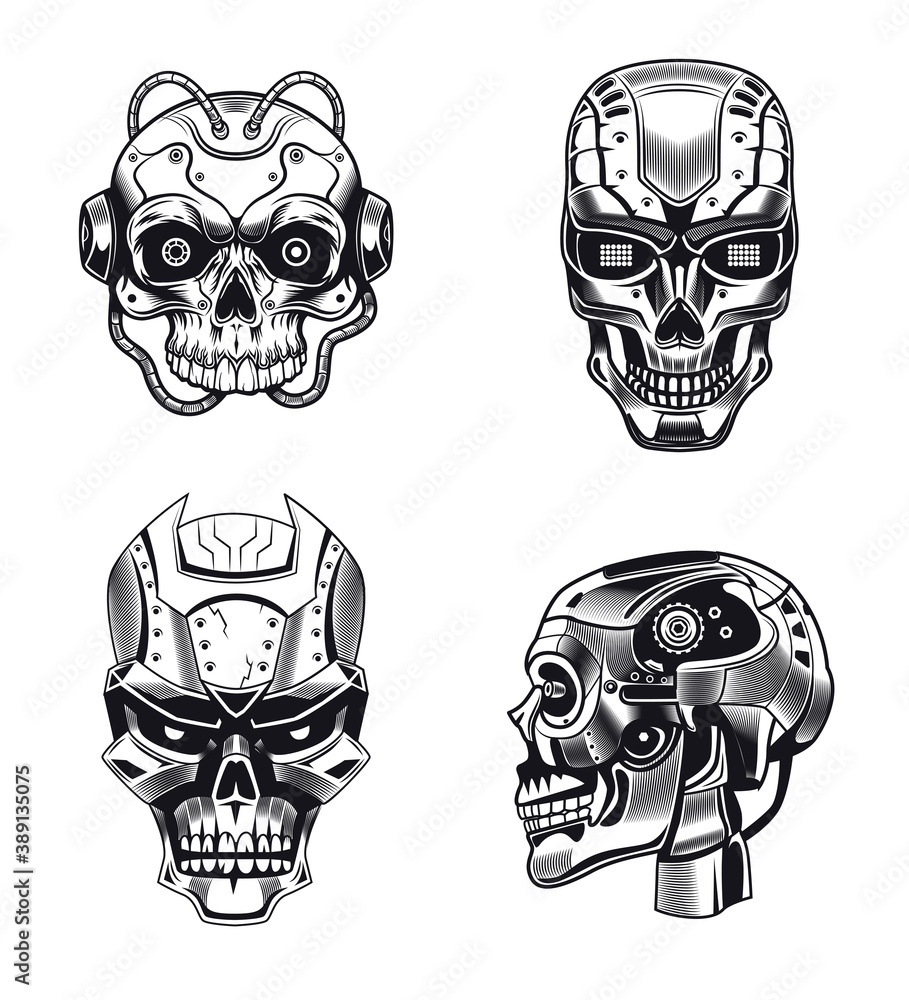 Poster robot skulls vector illustrations set. collection of monochrome humanoid heads with aggressive faces