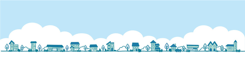 Town View Line A3見開きノンブル余白あり 手書き線画の街並み風景