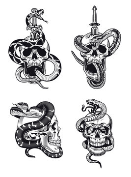 Gothic skull and snake vector illustration set. Vintage monochrome dead head with sword isolated vector illustration collection. Design elements for tattoo concept can be used for retro template