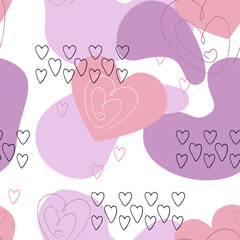 Abstract seamless background for Valentine's day. Vector pattern of different shapes and hearts. Graphics. Hand drawn