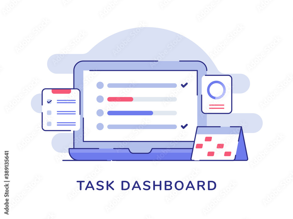Aufkleber task dashboard concept check list on display laptop monitor calendar clipboard white isolated backgr