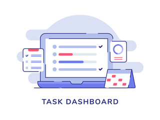 Task dashboard concept check list on display laptop monitor calendar clipboard white isolated background with flat color outline style