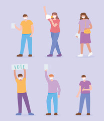Fototapeta premium voting and election, set icons people with masks, megaphone and ballots vote