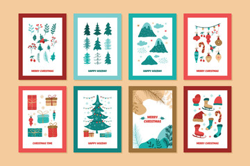 Merry christmas cartoon cards collection, with Lovely Hand drawn illustration