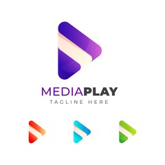 Colorful play media logo design template. triangle play symbol design Premium Vector