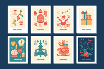 Lovely christmas greetings card collection, Cute cartoon cards collection set.