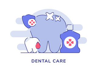 Dental care concept shiny tooth shield protection infection inflammation moth wash bottle white isolated background with flat color outline style