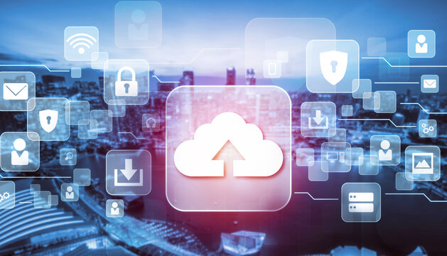 Cloud computing technology and online data storage for global data sharing. Computer connects to internet network server service for cloud data transfer presented in 3D futuristic graphic interface.