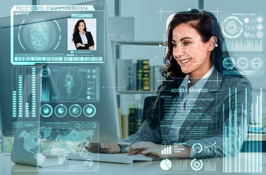 Facial recognition technology scan and detect people face for identification . Future concept interface showing digital biometric security system that analyze human face to verify personal data . - Powered by Adobe