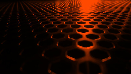 Surface with orange hexagon holes. Selected focus. Great for design backgrounds